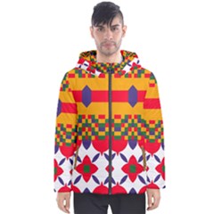 Red Flowers And Colorful Squares                                                                  Men s Hooded Puffer Jacket by LalyLauraFLM