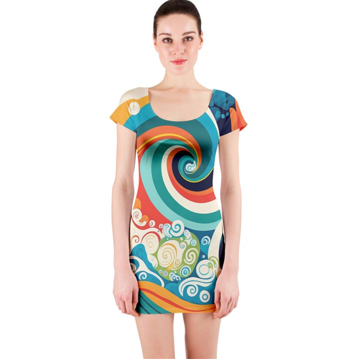 Wave Waves Ocean Sea Abstract Whimsical Short Sleeve Bodycon Dress