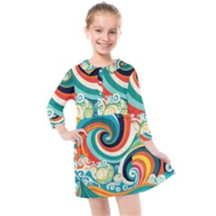 Wave Waves Ocean Sea Abstract Whimsical Kids  Quarter Sleeve Shirt Dress by Jancukart
