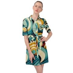 Waves Ocean Sea Abstract Whimsical (1) Belted Shirt Dress by Jancukart
