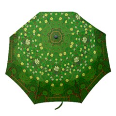 Lotus Bloom In Gold And A Green Peaceful Surrounding Environment Folding Umbrellas by pepitasart