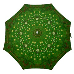 Lotus Bloom In Gold And A Green Peaceful Surrounding Environment Straight Umbrellas by pepitasart