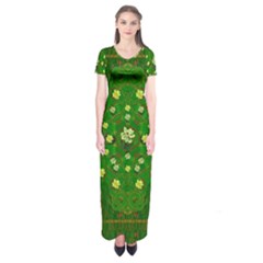 Lotus Bloom In Gold And A Green Peaceful Surrounding Environment Short Sleeve Maxi Dress by pepitasart
