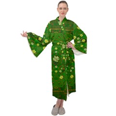 Lotus Bloom In Gold And A Green Peaceful Surrounding Environment Maxi Velour Kimono by pepitasart