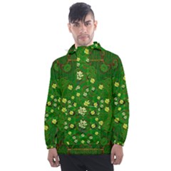 Lotus Bloom In Gold And A Green Peaceful Surrounding Environment Men s Front Pocket Pullover Windbreaker by pepitasart