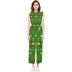 Lotus Bloom In Gold And A Green Peaceful Surrounding Environment Women s Frill Top Chiffon Jumpsuit by pepitasart