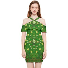 Lotus Bloom In Gold And A Green Peaceful Surrounding Environment Shoulder Frill Bodycon Summer Dress by pepitasart