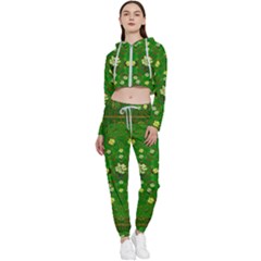Lotus Bloom In Gold And A Green Peaceful Surrounding Environment Cropped Zip Up Lounge Set by pepitasart