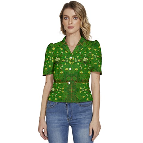 Lotus Bloom In Gold And A Green Peaceful Surrounding Environment Puffed Short Sleeve Button Up Jacket by pepitasart