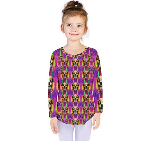 Cute Small Dogs With Colorful Flowers Kids  Long Sleeve Tee by pepitasart