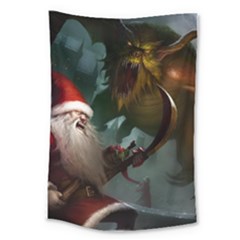 A Santa Claus Standing In Front Of A Dragon Large Tapestry by bobilostore