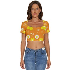 Daisy Flowers Yellow White Orange  Short Sleeve Square Neckline Crop Top  by Mazipoodles