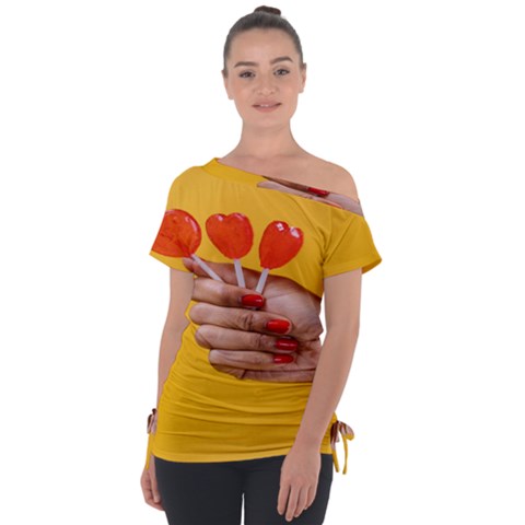 Valentine Day Lolly Candy Heart Off Shoulder Tie-up Tee by artworkshop