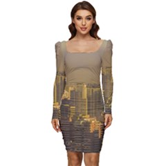 Buenos Aires City Aerial View002 Women Long Sleeve Ruched Stretch Jersey Dress by dflcprintsclothing
