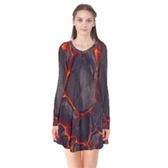 Lava Volcanic Rock Texture Long Sleeve V-neck Flare Dress by artworkshop