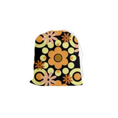 Flowers Pearls And Donuts Peach Yellow Orange Black Drawstring Pouch (small) by Mazipoodles