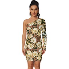 Floral Leaf Chain Patchwork Pattern 2 Long Sleeve One Shoulder Mini Dress
