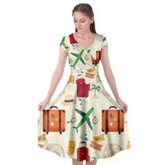Suitcase Tickets Plane Camera Cap Sleeve Wrap Front Dress