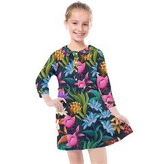 Floral Print  Kids  Quarter Sleeve Shirt Dress by BellaVistaTshirt02