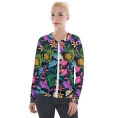 Floral Print  Velvet Zip Up Jacket by BellaVistaTshirt02