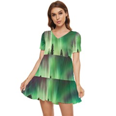 Aurora Borealis Northern Lights Nature Tiered Short Sleeve Babydoll Dress by Ravend
