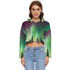 Aurora Borealis Northern Lights Nature Women s Lightweight Cropped Hoodie by Ravend