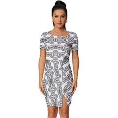 Black And White Tribal Print Pattern Fitted Knot Split End Bodycon Dress by dflcprintsclothing