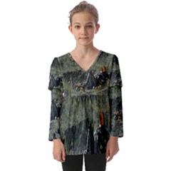 Astronaut Lying In Flowers Fantasy Kids  V Neck Casual Top by artworkshop