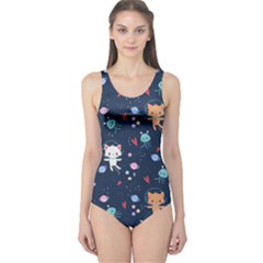Cute-astronaut-cat-with-star-galaxy-elements-seamless-pattern One Piece Swimsuit by Vaneshart