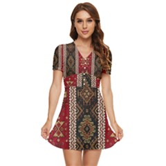 Uzbek Pattern In Temple V-neck High Waist Chiffon Mini Dress
