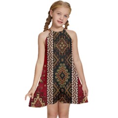 Uzbek Pattern In Temple Kids  Halter Collar Waist Tie Chiffon Dress