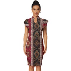 Uzbek Pattern In Temple Vintage Frill Sleeve V-neck Bodycon Dress