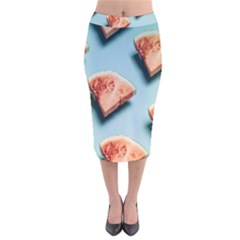 Watermelon Against Blue Surface Pattern Velvet Midi Pencil Skirt by artworkshop