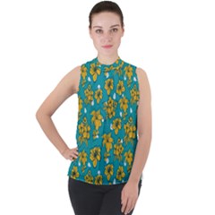 Turquoise And Yellow Floral Mock Neck Chiffon Sleeveless Top by fructosebat
