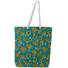Turquoise And Yellow Floral Full Print Rope Handle Tote (large) by fructosebat