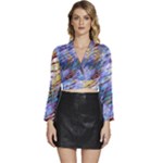 Abstract Ripple Long Sleeve Tie Back Satin Wrap Top
