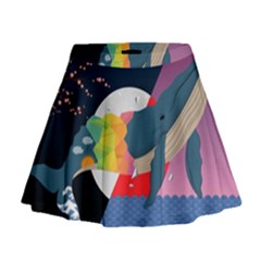 Whale Moon Ocean Digital Art Mini Flare Skirt by Jancukart