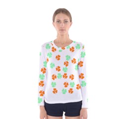 Irish T- Shirt Shamrock Pattern In Green White Orange T- Shirt Women s Long Sleeve Tee