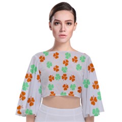 Irish T- Shirt Shamrock Pattern In Green White Orange T- Shirt Tie Back Butterfly Sleeve Chiffon Top
