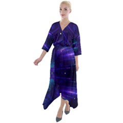 Abstract Colorful Pattern Design Quarter Sleeve Wrap Front Maxi Dress