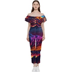Ocean Sea Wave Clouds Mountain Colorful Sky Art Off Shoulder Ruffle Top Jumpsuit by Pakemis