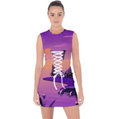 Sunset Sea Ocean Purple Pink Flowers Stone Lace Up Front Bodycon Dress by Jancukart