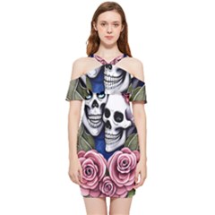 Skulls And Flowers Shoulder Frill Bodycon Summer Dress by GardenOfOphir