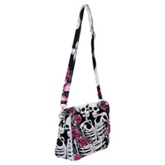 Black And White Rose Sugar Skull Shoulder Bag With Back Zipper by GardenOfOphir