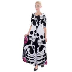 Black And White Rose Sugar Skull Half Sleeves Maxi Dress by GardenOfOphir