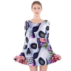 Floral Skeletons Long Sleeve Velvet Skater Dress by GardenOfOphir