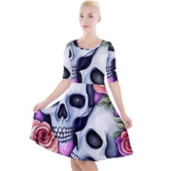 Floral Skeletons Quarter Sleeve A-line Dress by GardenOfOphir