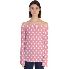 Coral And White Polka Dots Off Shoulder Long Sleeve Top by GardenOfOphir