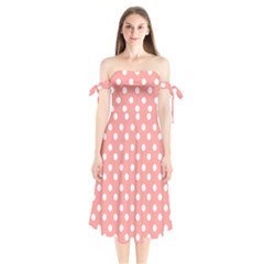 Coral And White Polka Dots Shoulder Tie Bardot Midi Dress by GardenOfOphir