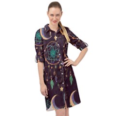 Bohemian  Stars, Moons, And Dreamcatchers Long Sleeve Mini Shirt Dress by HWDesign